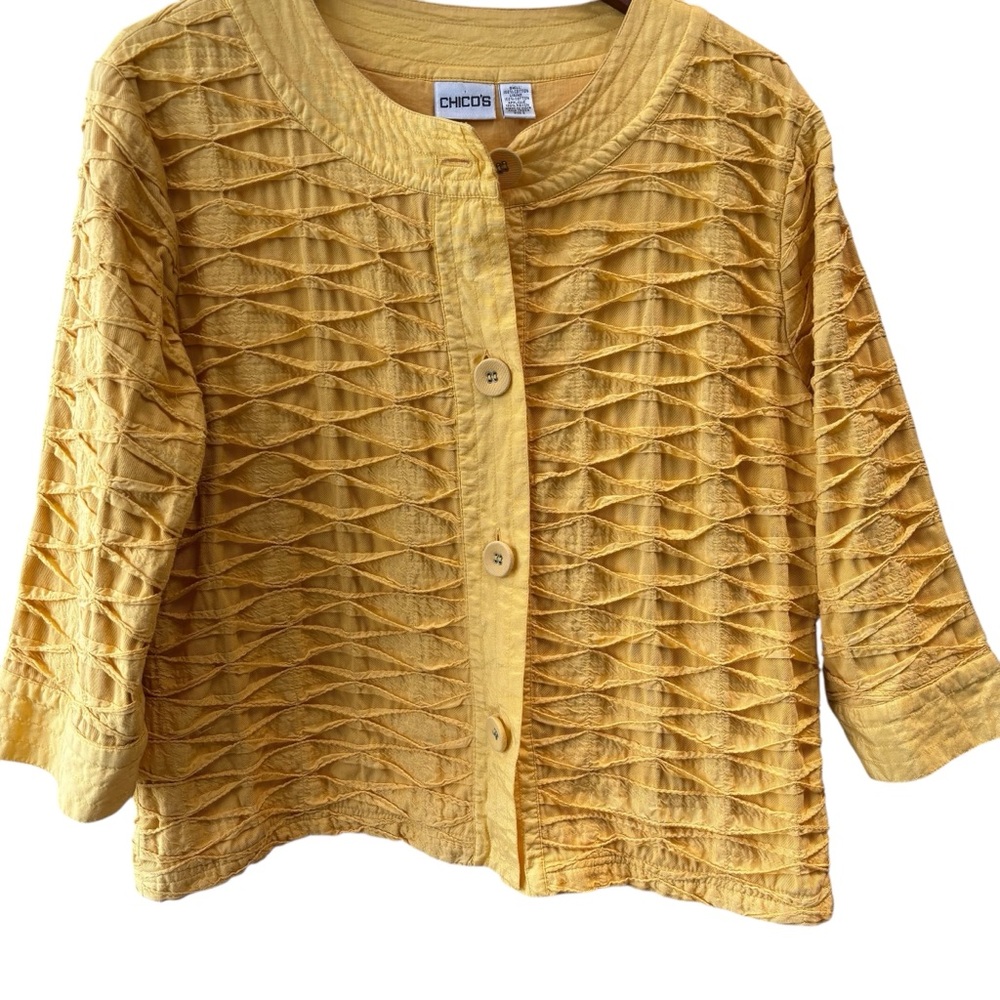 Chico's Textured Cotton Lined Women’s Yellow Blazer Smocked Pattern Size XL
